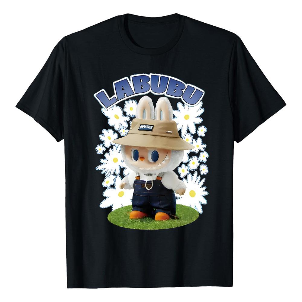 Labubu cute printed women's trendy blouse T-shirt round neck loose sports casual short sleeve