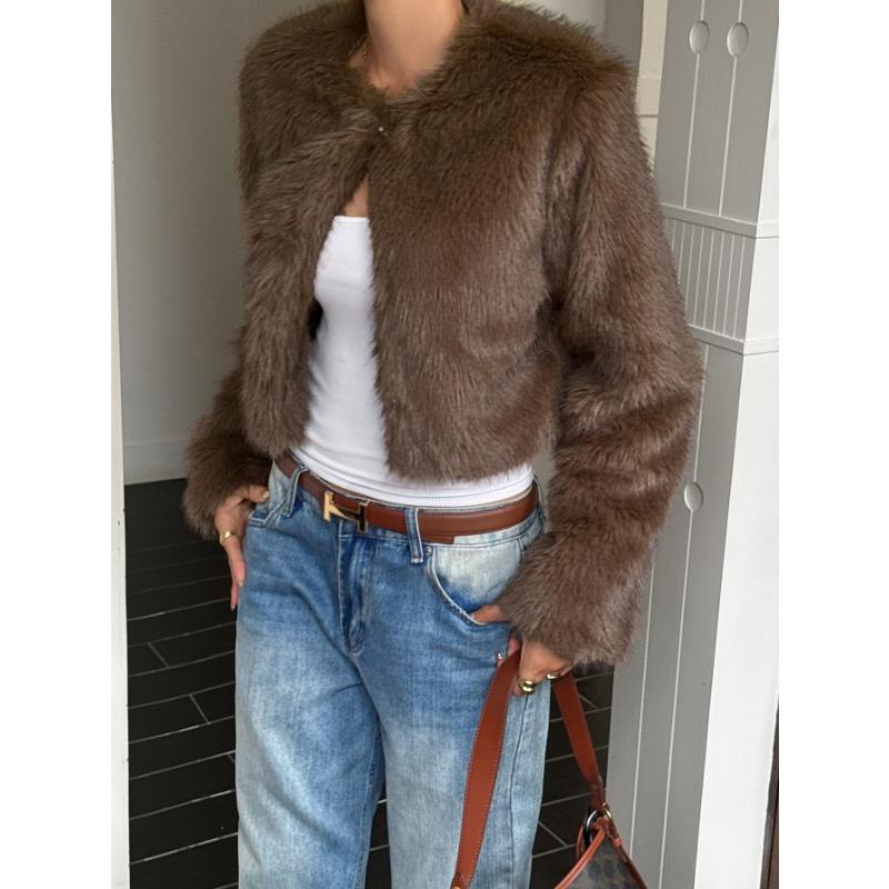 Autumn Winter Solid Color Casual Fashion Cardigan Coat Women Faux Fur All-match Outwear Top