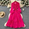 Women's Casual Dresses - Spring Autumn Women Vintage Draped Long Maxi Dress A Line Single Breasted Long Sleeve Turn Down Collar Red Green Purple