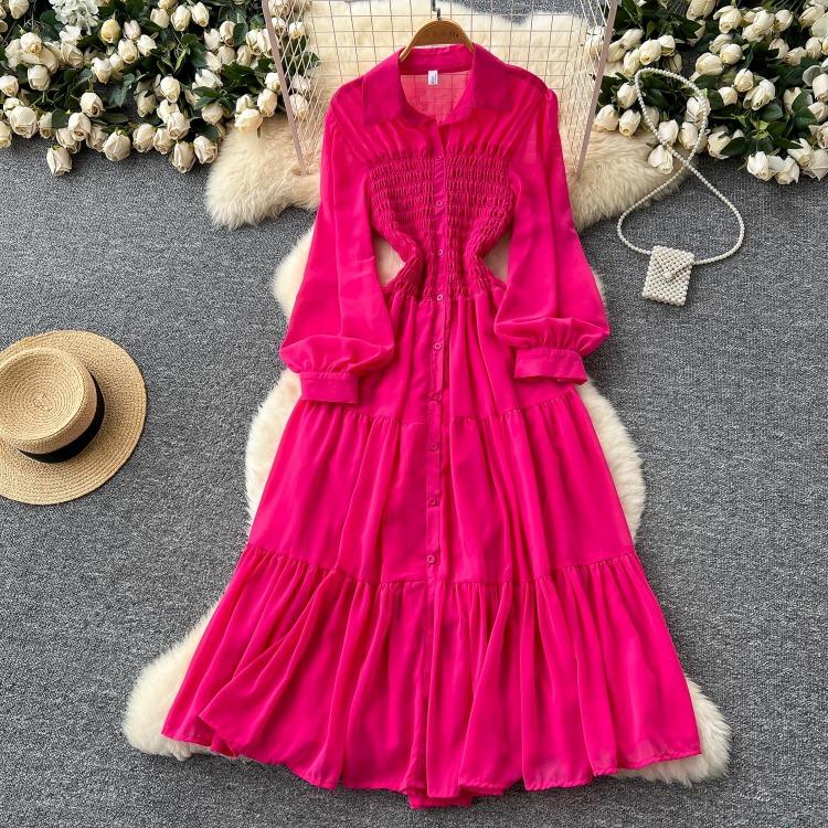 Women's Casual Dresses - Spring Autumn Women Vintage Draped Long Maxi Dress A Line Single Breasted Long Sleeve Turn Down Collar Red Green Purple