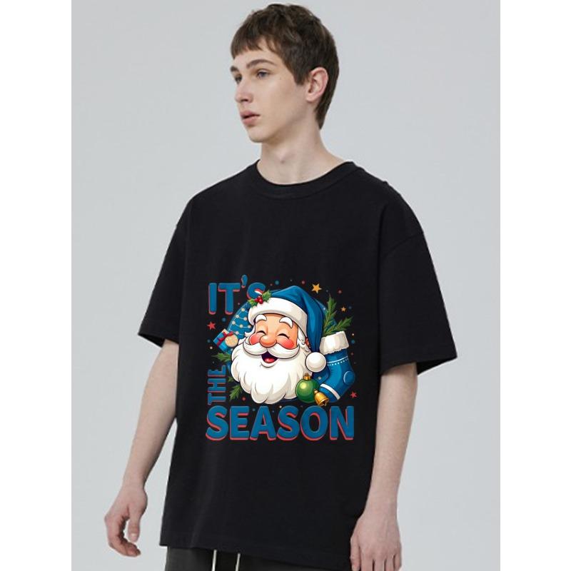 Christmas T-Shirt Black Santa Claus With It's The Season Text And Holiday Decorations For Festive Season