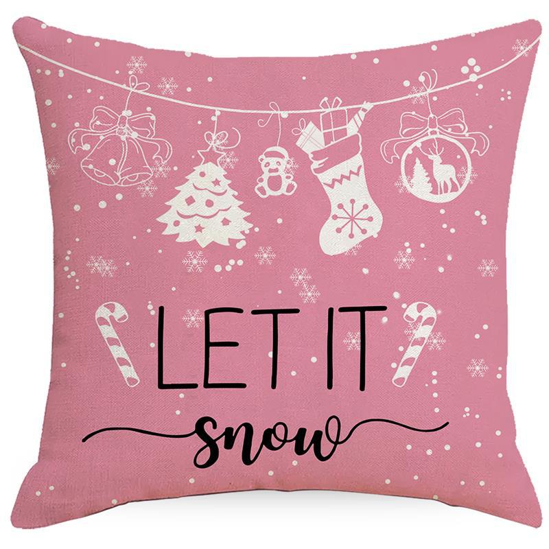1pc Pink Christmas Cushion Cover  Snowman Deer Pine Printed Washable Cover for Home Ornament Xmas New Year Christmas Decoration