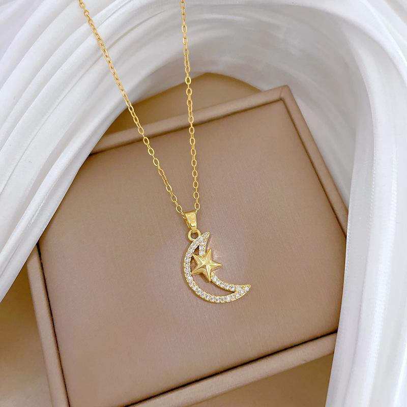 Titanium Steel Star Moon Full Diamond Light Luxury Temperament Gorgeous Full Diamond Necklace Female Versatile Collarbone Chain Titanium Steel Chain