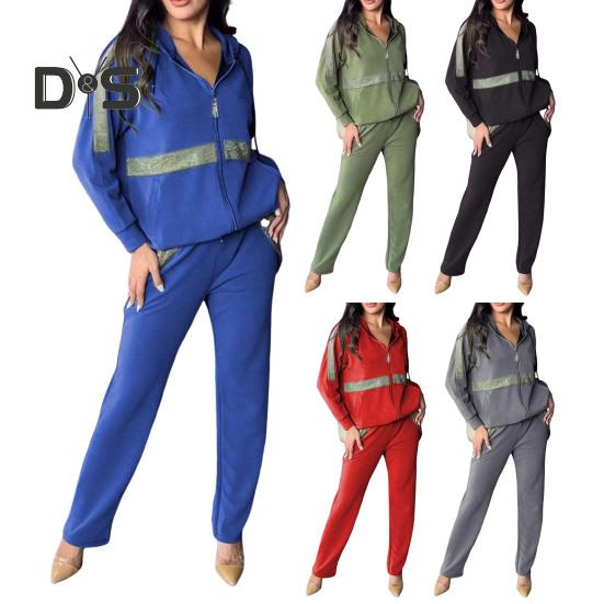 Ensemble de 2 pièces pour femme, sweat-shirt et pantalon à paillettes, capuche, manches longues, fermeture éclair, sport, taille élastique, tenue de fitness, automne, printemps, déplacements