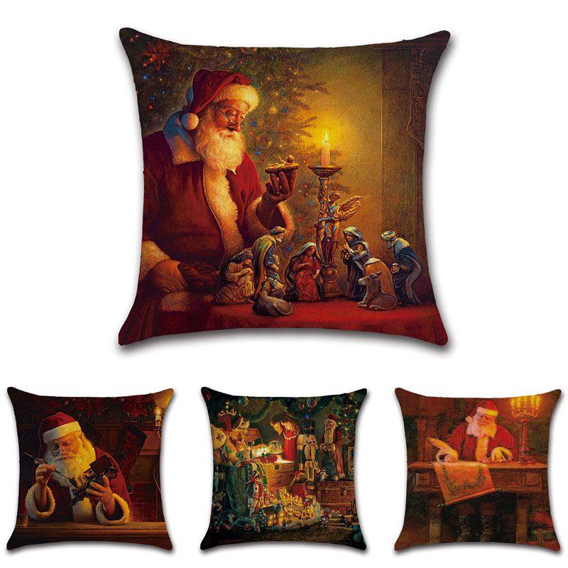 Festive Cotton Linen Santa Claus Christmas Pillow Cover For Stylish Sofa Accents