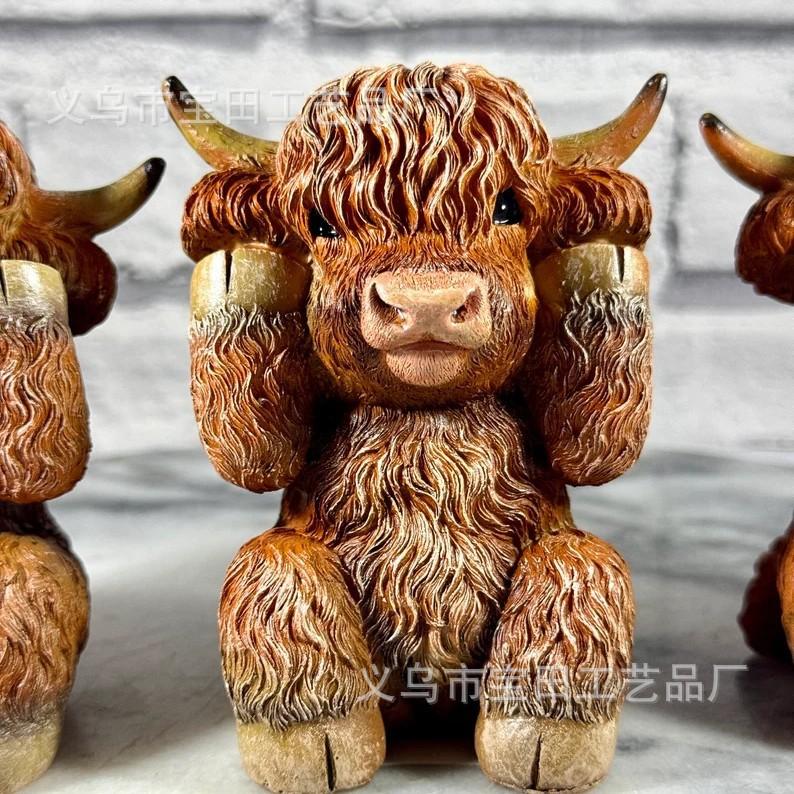 New resin statue ornament, cute and creative decoration, don t listen, don t look, don t say Highland cow desktop decoration