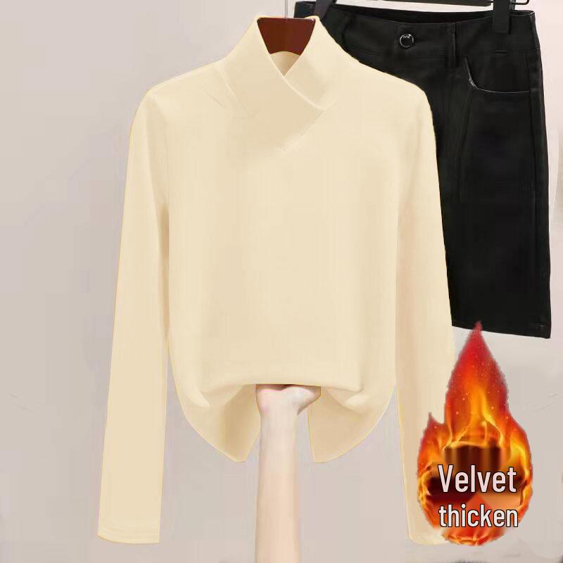 Women's Plush Thermal Slimming Top - Half-High Collar, Velvet-Lined, Versatile T-Shirt for Autumn Winter.