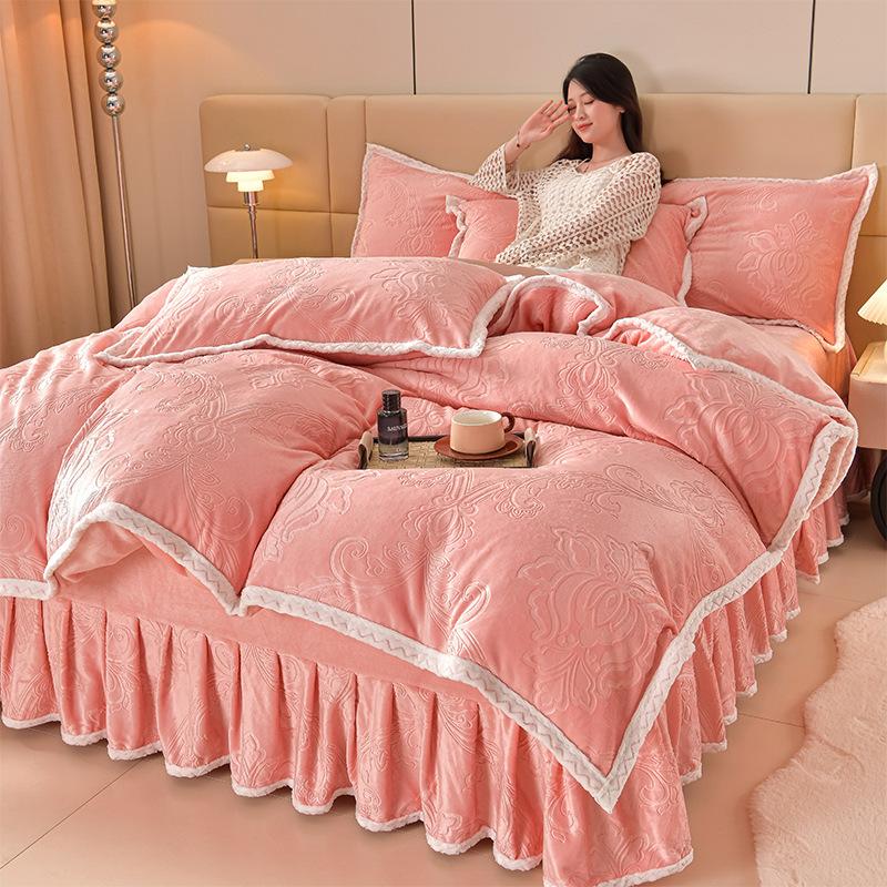 Class A Maternal And Infant Grade High-Gram Carved Fleece Milk Fleece Bed Skirt4-Pcs Set, Winter Double-Sided Fleece Quilt Cover