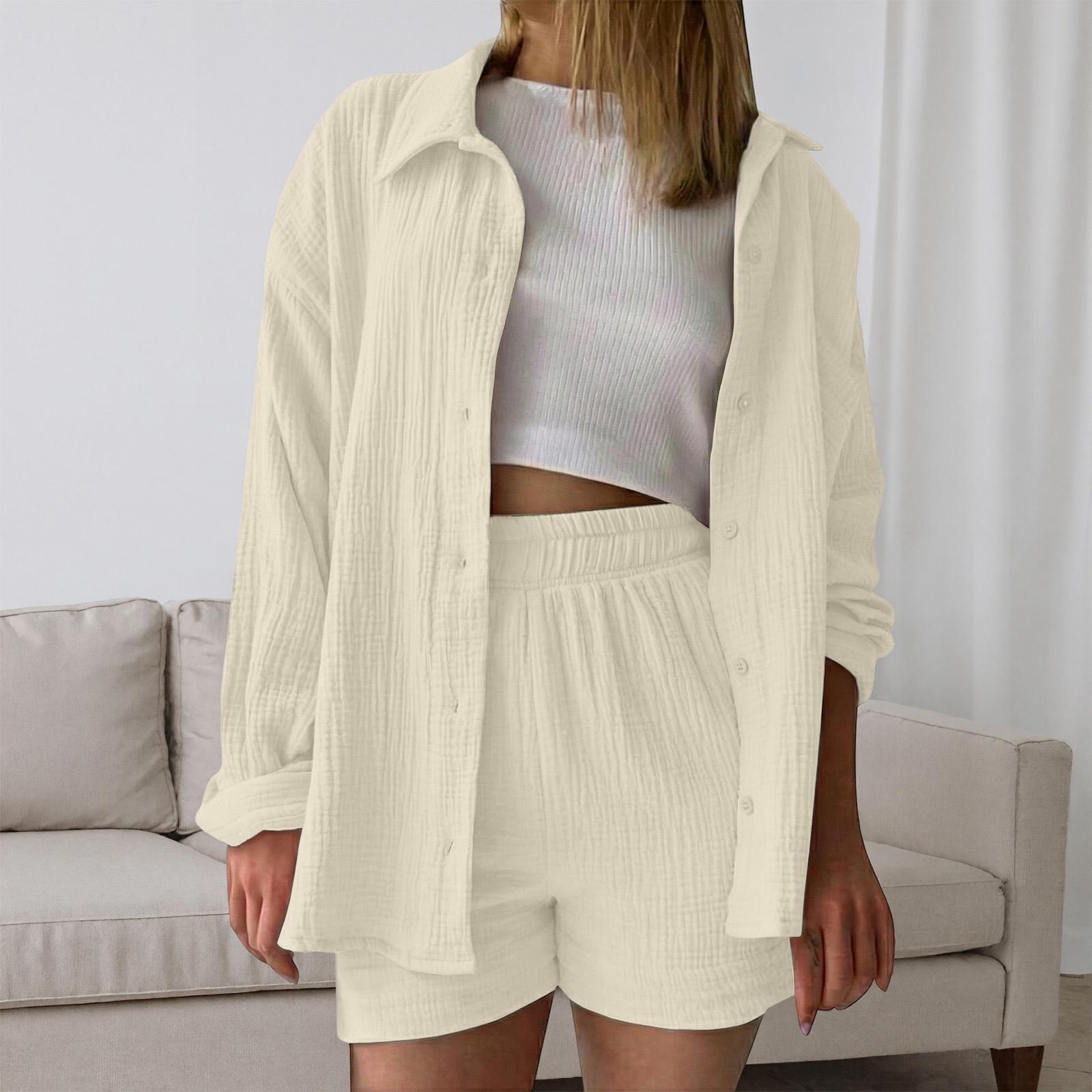 

Women s Fashion Color Collar Long Sleeve Shirt Top Elastic High Waist Pocket Shorts Casual Two Piece Set L бежевый