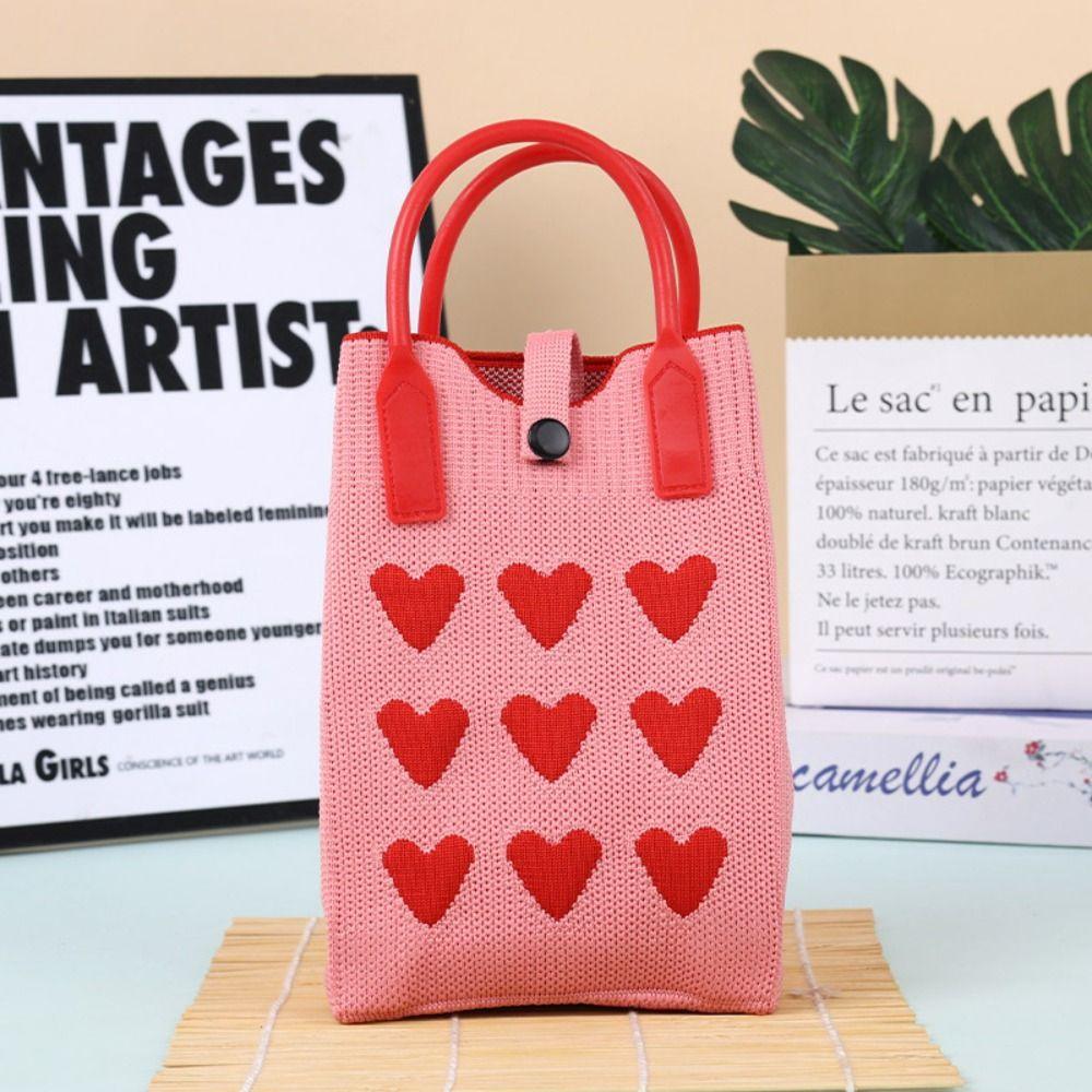 Tote Bag Love Knitted Mobile Phone Bag Mini Silicone Handle Women Mini Shoulder Bag Cute Fashion Knit Phone Pouch