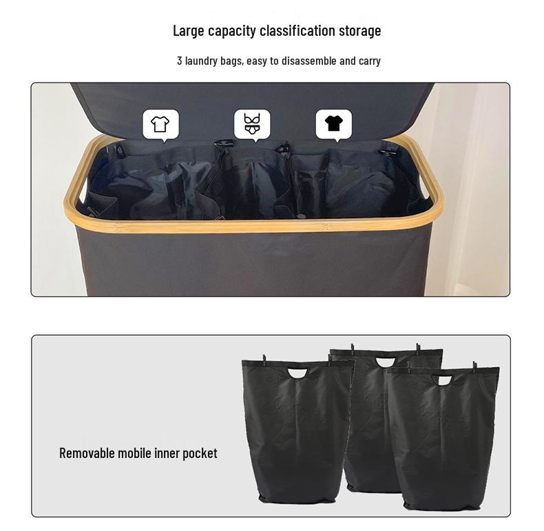 Foldable Bamboo Laundry Basket with Lid and Inner Bag for Bedroom or Bathroom