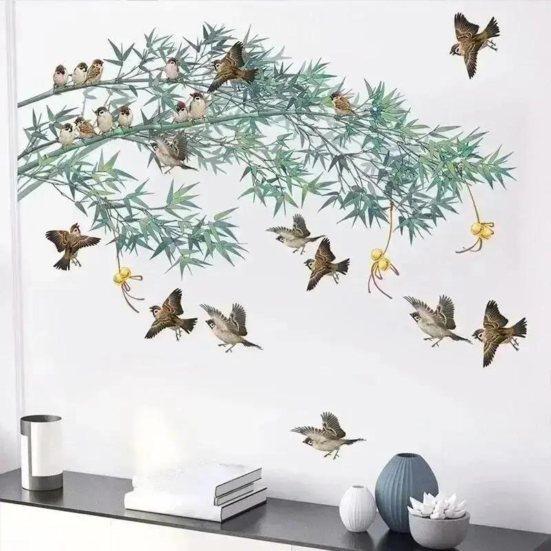 New Chinese Ink Painting Bamboo Birds Wall Stickers For Living Room Bedroom Sofa Background Decor Vinyl Wall Decals Home Decor