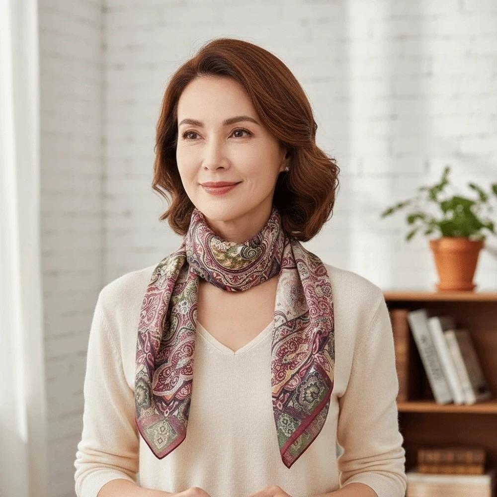 Lightweight Double-sided Printed Silk Scarf Breathable Retro Patterned Square Shawl Spring