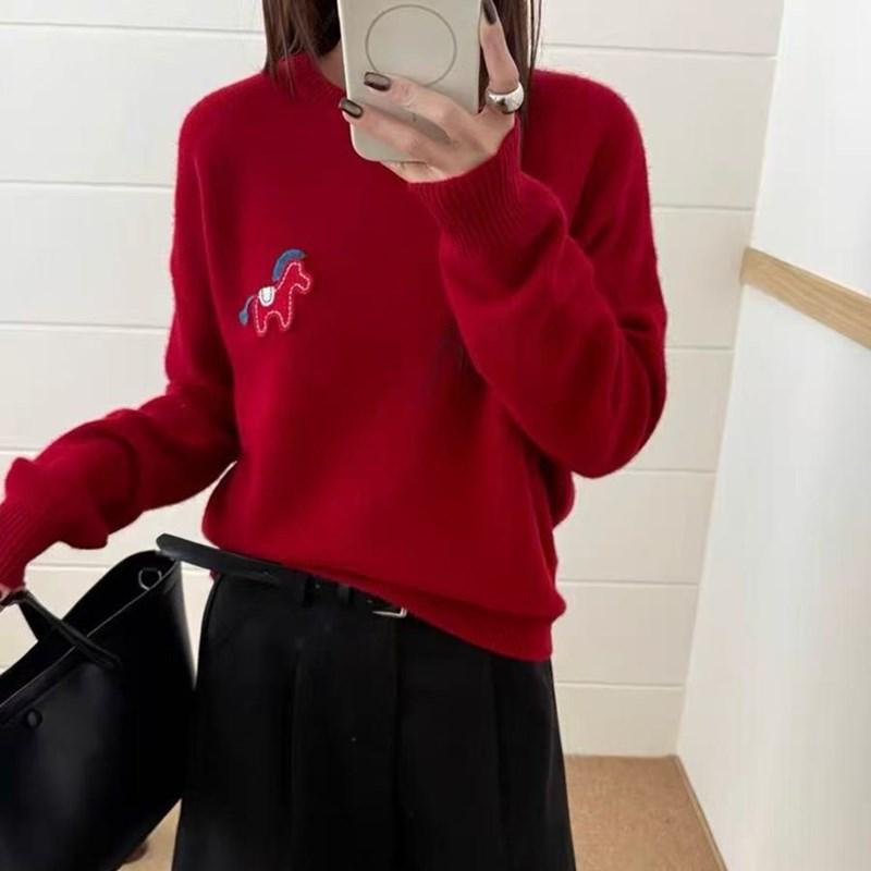 Women's European-Style 100% Pure Wool Red Sweater, Small Horse Embroidery, Round Neck, Loose Fit, New Year Knitted Pullover