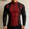 INCERUN Men Mockneck Long Sleeve Patchwork Zipper Casual Fitted Pullover Tops