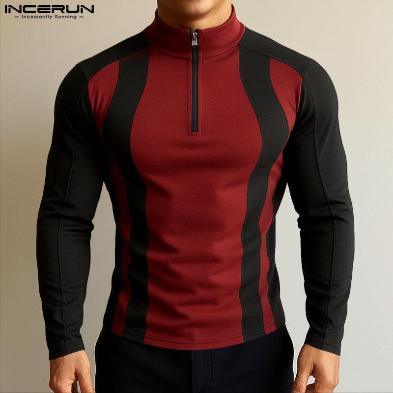INCERUN Men Mockneck Long Sleeve Patchwork Zipper Casual Fitted Pullover Tops