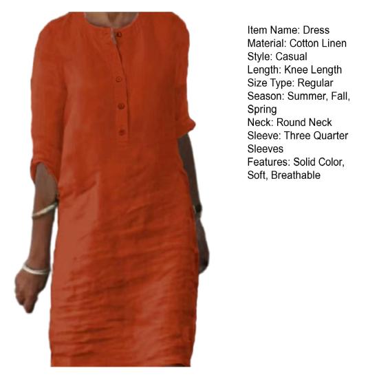Rochie de vară pentru femei Gât rotund, mâneci trei sferturi, lungime până la genunchi, nasturi de culoare uni, pulover lejer, moale, casual, respirabil, rochie midi de toamnă de primăvară