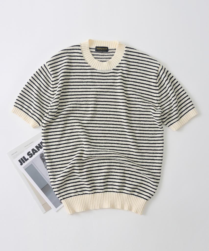 ANALOG MOOD Marine Stripe Round Short Sleeve Knit (Ivory)