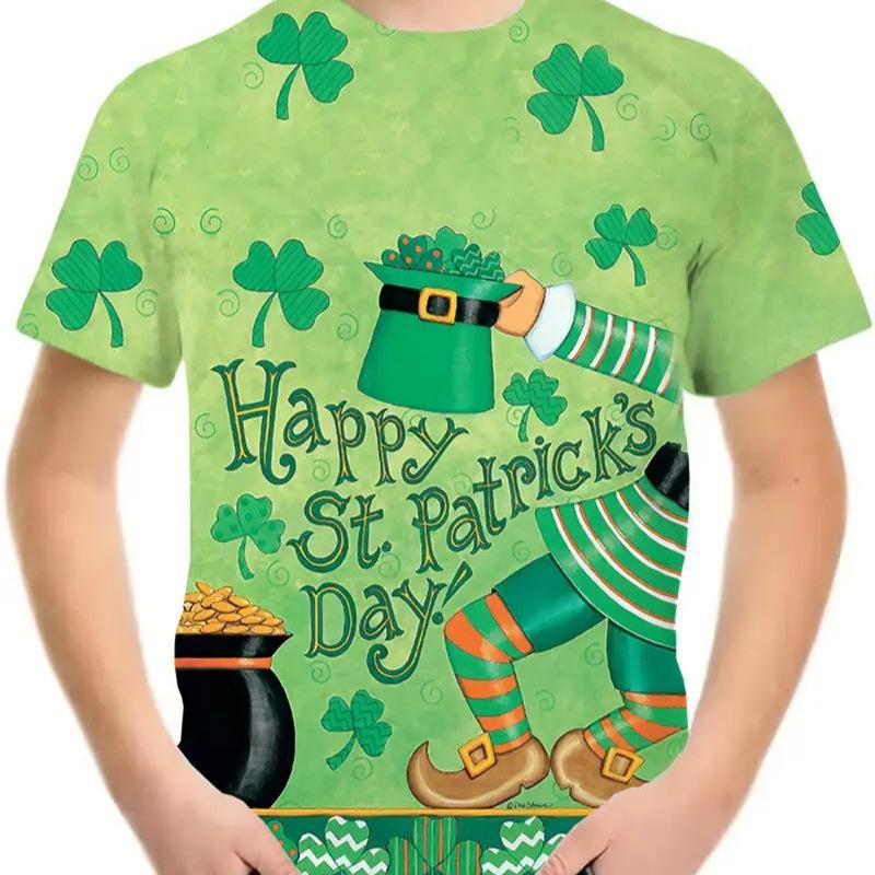 

Детская футболка с 3D-принтом, с коротким рукавом, лето 2025, модный дизайн для мальчиков, футболка с коротким рукавом с клевером 170