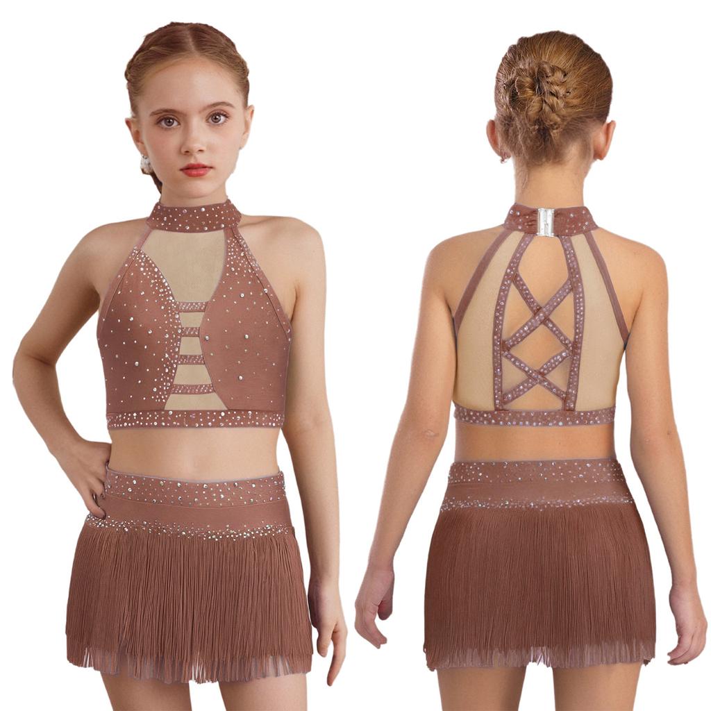 Mädchen Funkelndes Strass Latin Dance Top Neckholder Ärmellos Überkreuztes Rückenteil Netz-Patchwork-Design plus Fransen-Rock mit eingebauter Hose