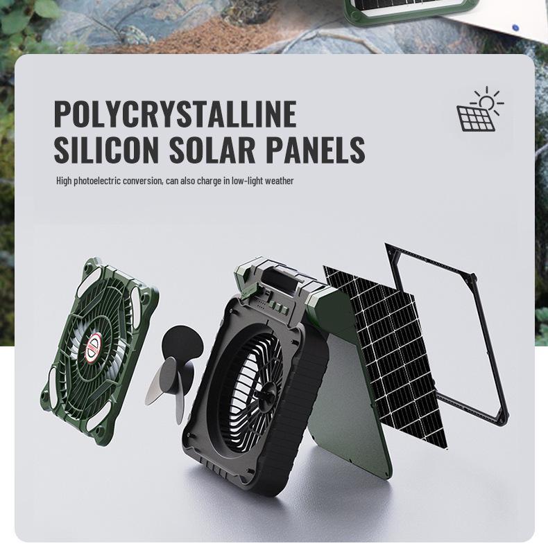 Solar-Powered Portable Camping Fan with USB Charging and LED Light