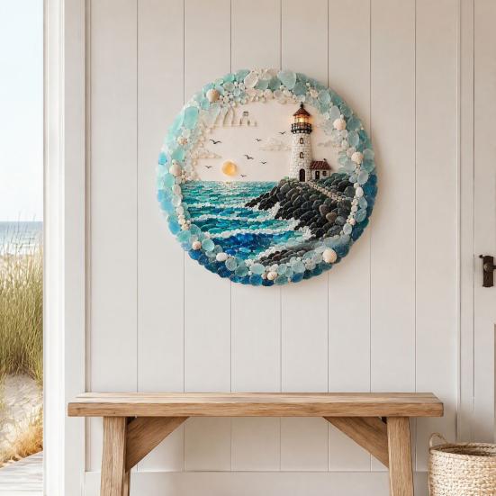 Textured Ocean Art for Home Lighthouse Sea Glass Wall Ornament, Hand Assembled Shells And Tumbled Entryway Seaside Focal Point Decor,