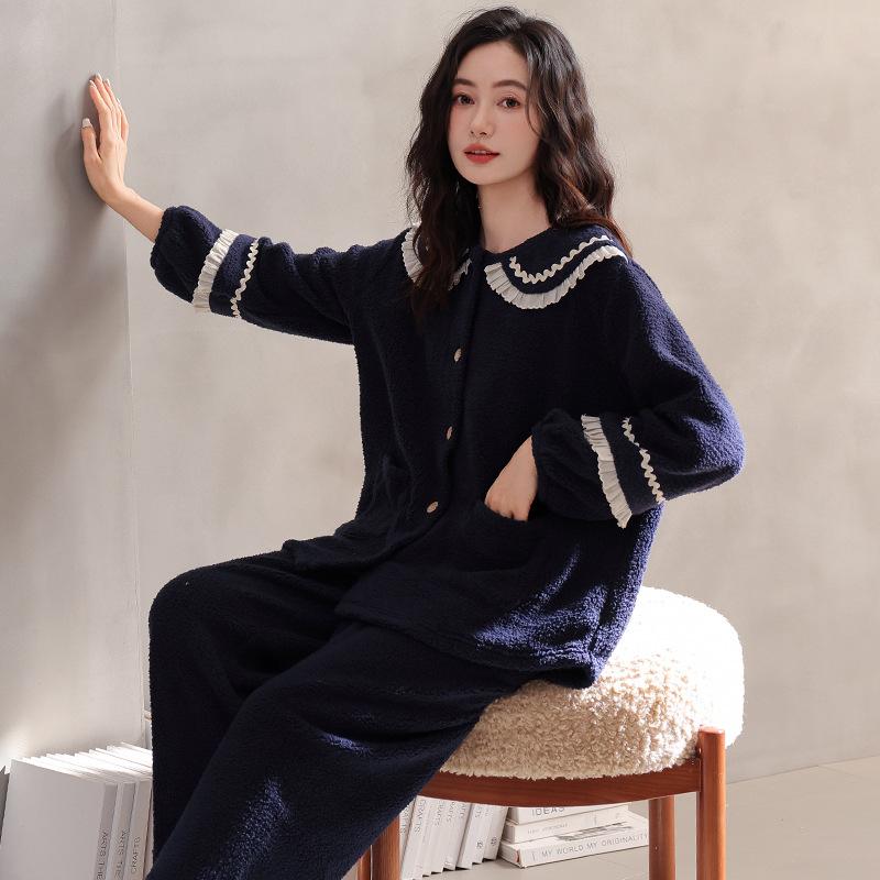 Coral Fleece Women'S Pajamas Autumn And Winter Winter Fleece Thickened Warm Can Be Worn Outside Loungewear Set