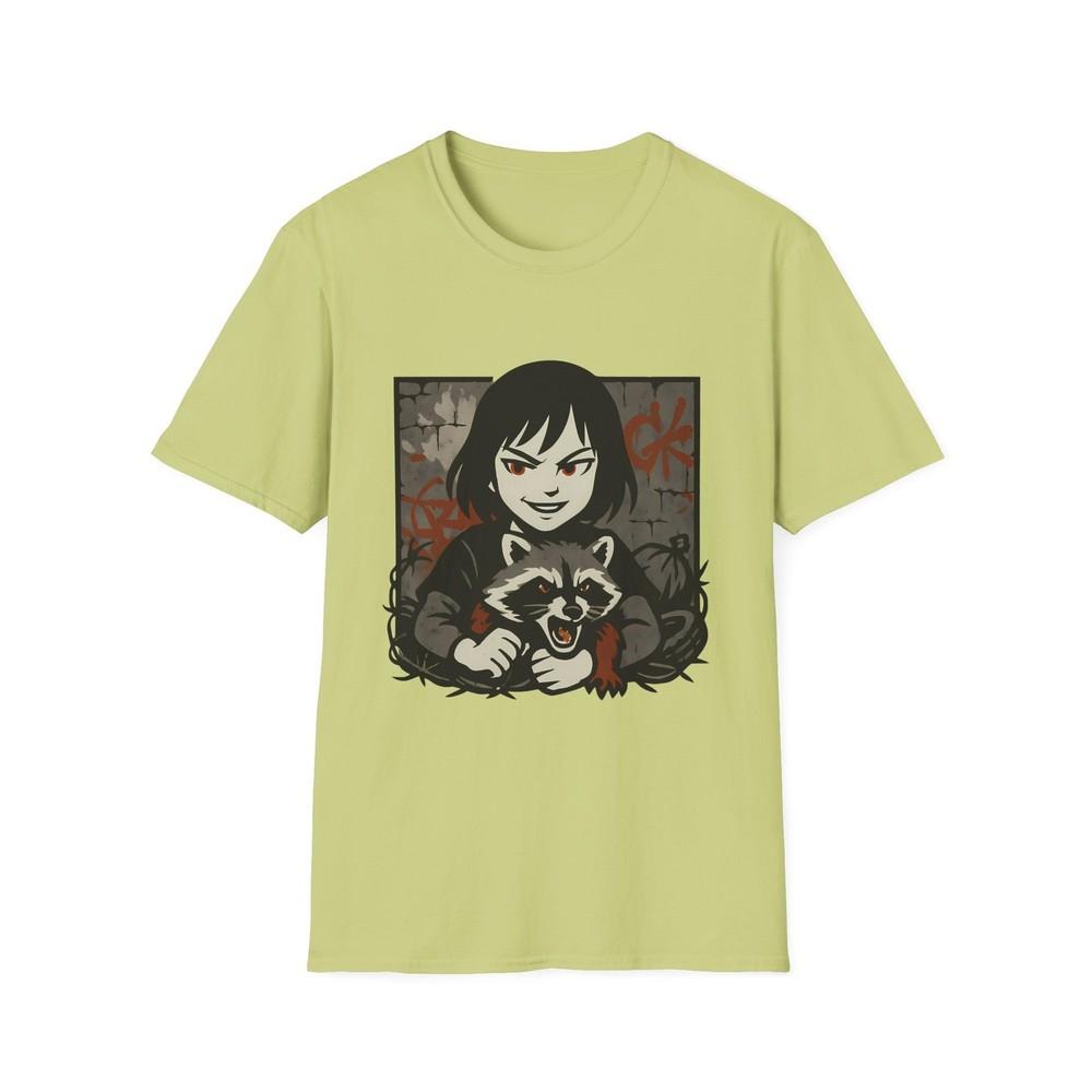 

Unisex Softstyle Girl and Angry Raccoon T-Shirt – Urban Graffiti, Gritty Vibe L