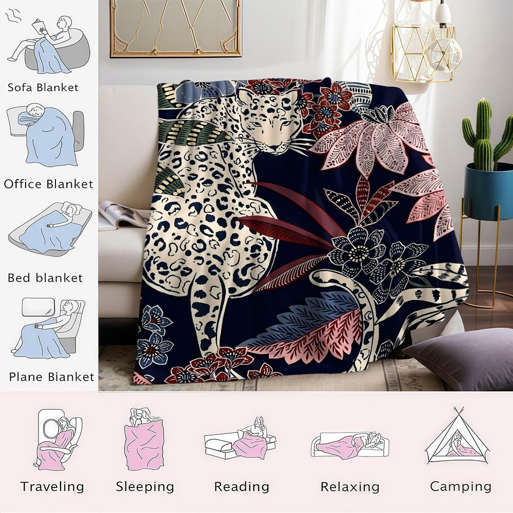 Elegant Leopard & Floral Flannel Blanket Warm Soft Halloween Christmas Couch Warm Cozy Decorative Decor Gift for All Season