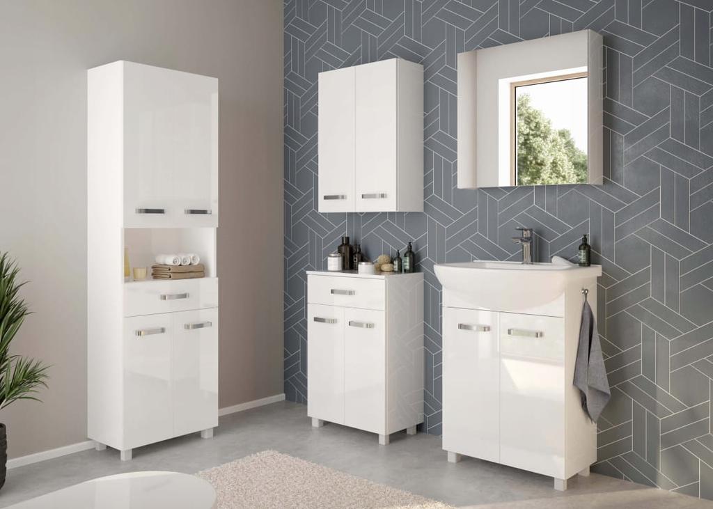 Wall-hung bathroom cabinet with shelf 50 cm, white gloss Mila