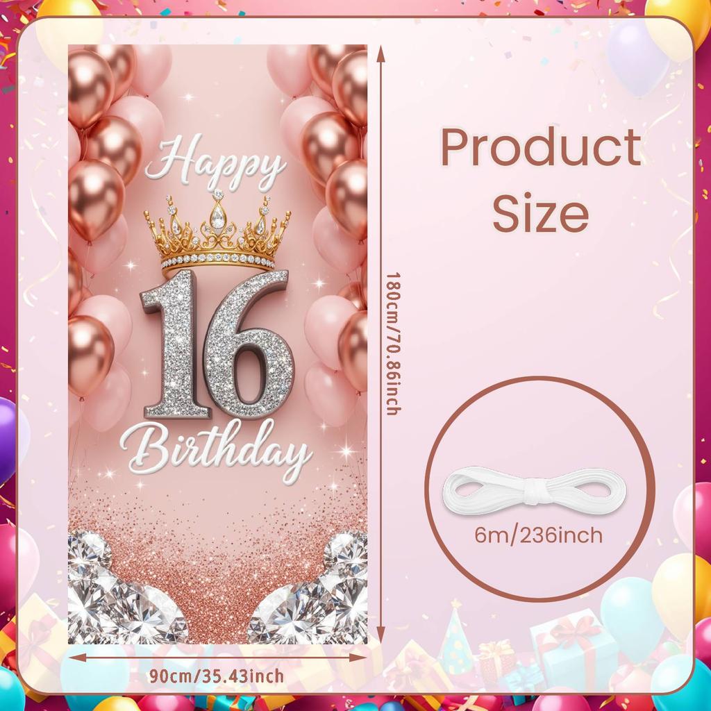 16th Birthday Banner Rose Gold Balloons Glitter Birthday Backdrop 16th Birthday Door Cover Rose Gold Glitter For Sweet 16