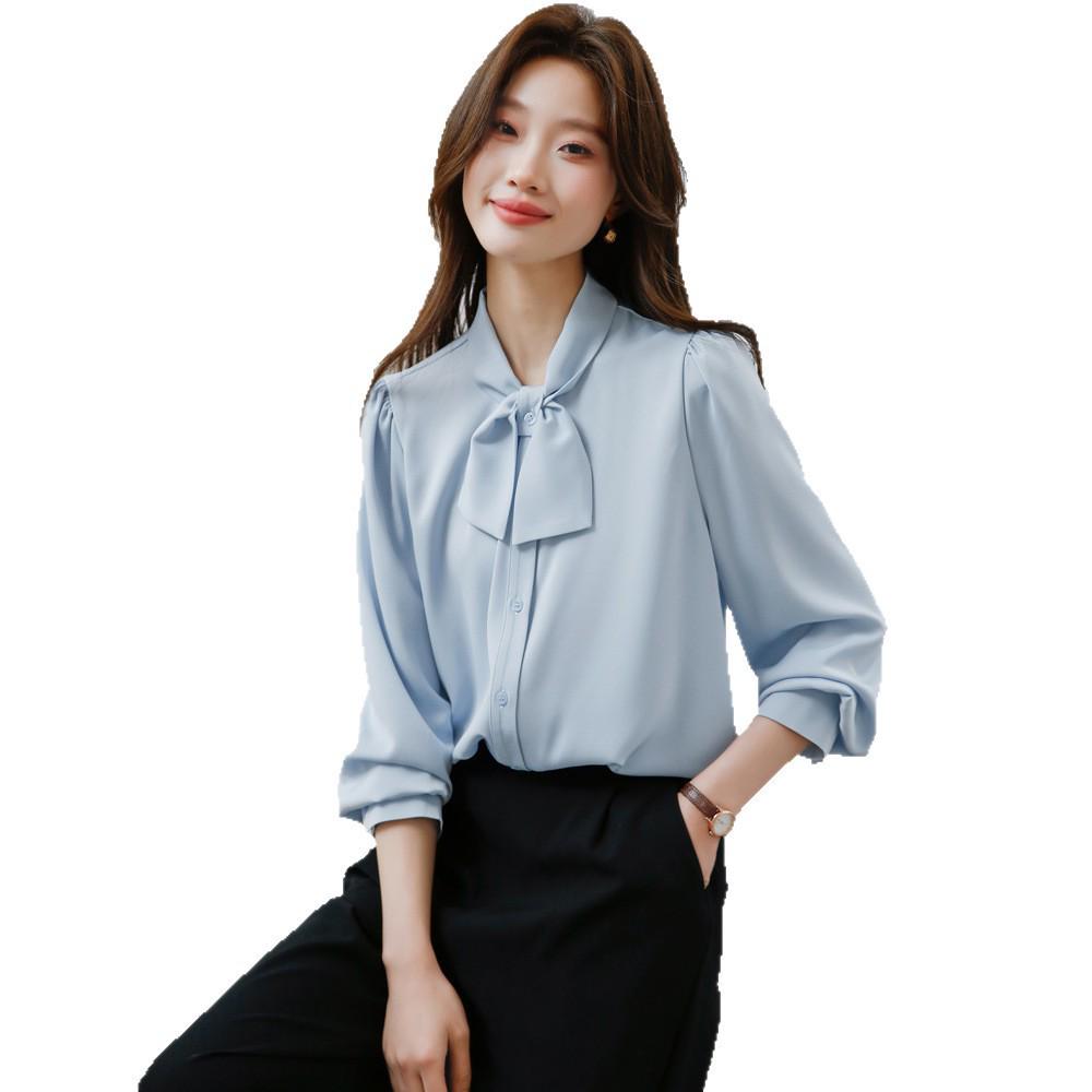 Chic Women's Long Sleeve Bow Tie Shirt - 2026 Spring French Silk Layered Top