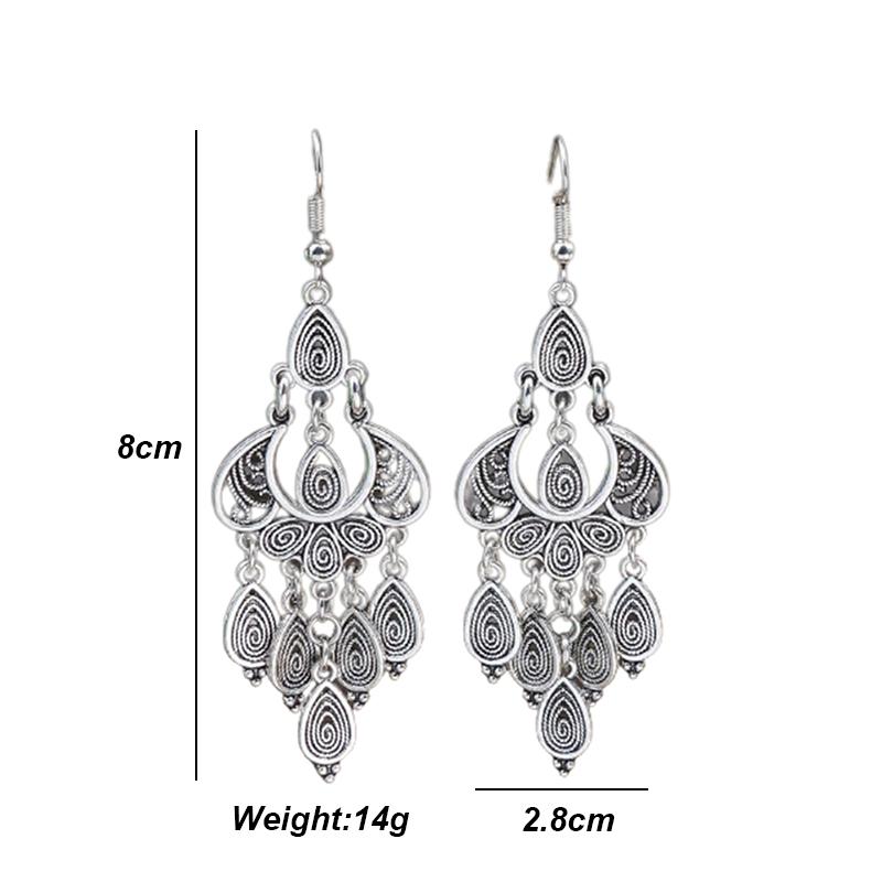 Vintage Ethnic Style Hollow Water Drop Pendant Earrings for Women Long Antique Silver Color Elegant Earring Jhumka Jewelry