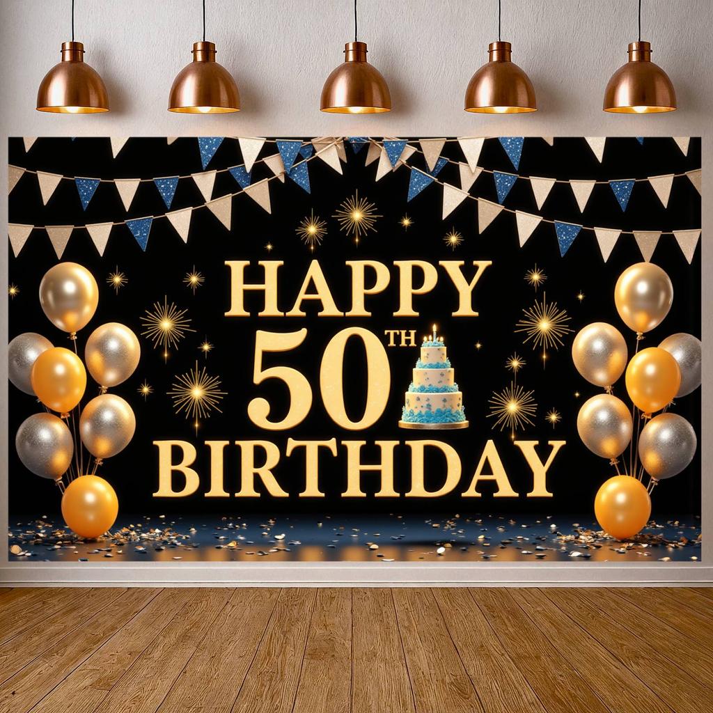 50th Celebration Display Triangular Bunting Golden Birthday Banner Birthday Celebration Banner Golden Glitter For Hotel