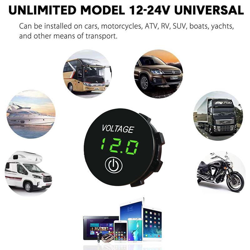 12V/24V Voltage Gauge with Touch Switch LED Digital Display Gauge Waterproof Car Voltmeter for Boat Marine Truck Motorcycle
