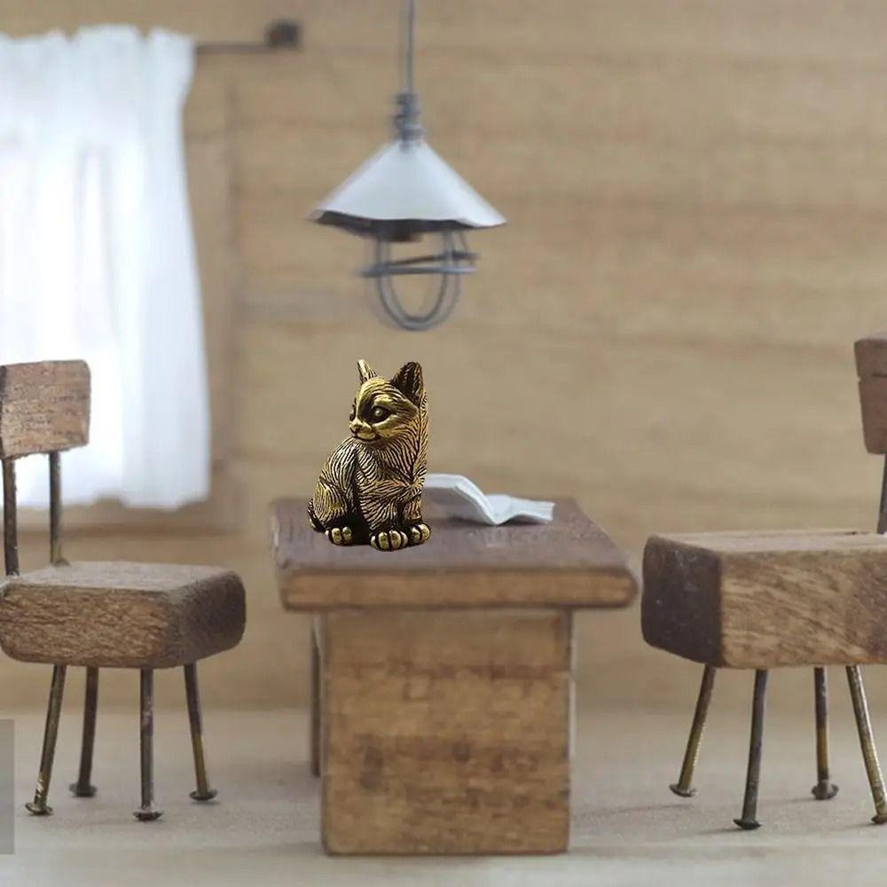 Retro Animal Figurines Brass Tea Pet Desktop Ornament Small Cat Metal Statue  Home