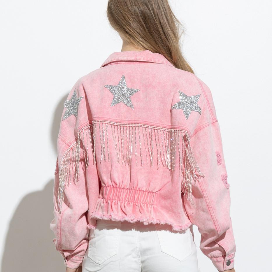 

Женская модная пригородная куртка в стиле ретро, ​​укороченная джинсовая куртка с кисточками и стразами XL розовый