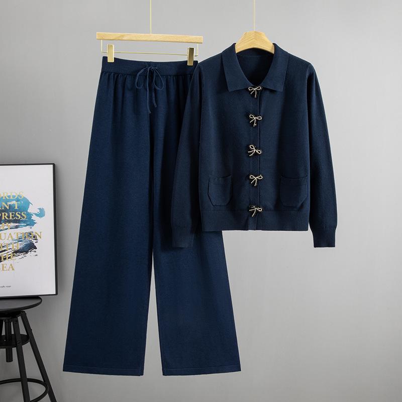 

Women s Spring & Autumn Small Fragrance POLO Collar Knit Two-Piece Set: Long Sleeve Sweater Coat & Wide Leg Pants. One Size темно-синий