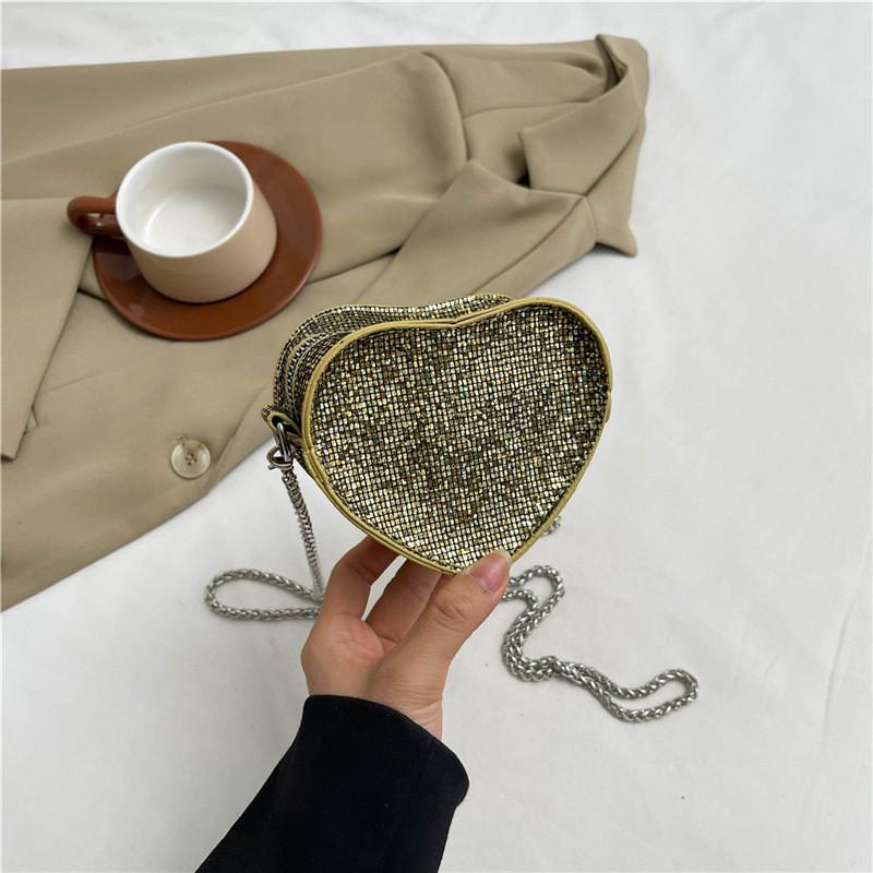 Heart Shaped Bag For Women Fashion Chain Chain Sparkling Mesh Crystal Summer Trendy Crossbody Purse For Daily Use