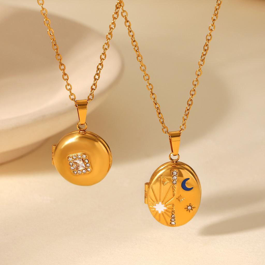 8-pointed star moon diamond-encrusted magnetic photo locket pendant stainless steel necklace, premium clavicle chain jewelry