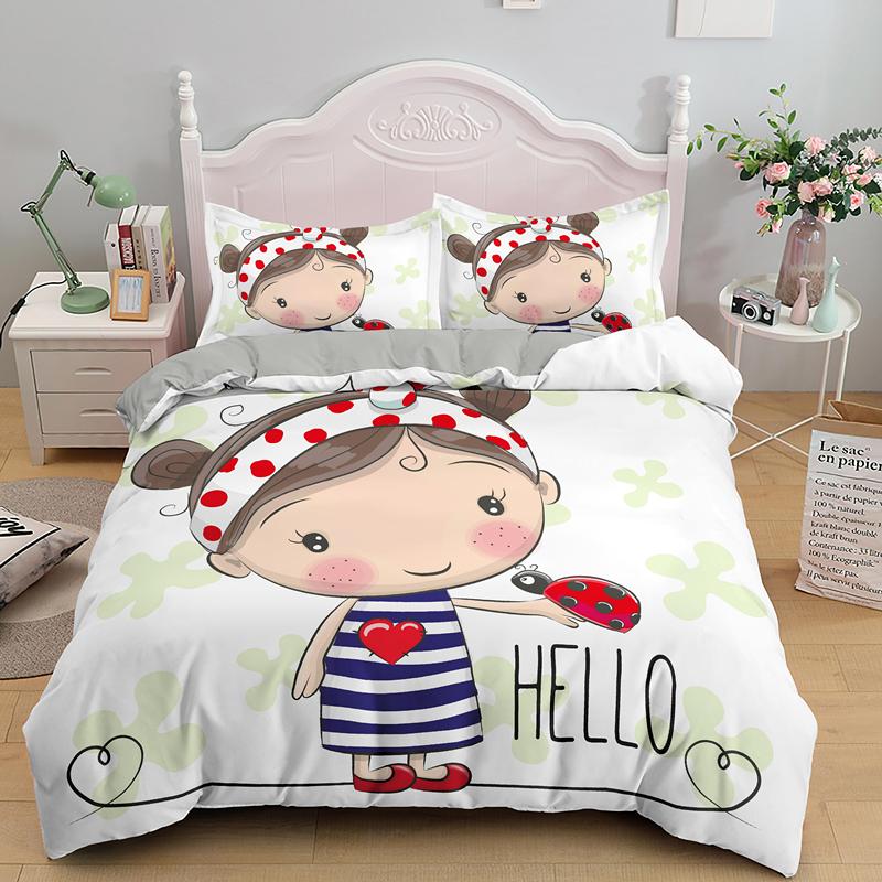 Cartoon Lovely Girls King Queen Duvet Cover Cute Little Girl Pattern Bedding Set Kids Pink Pretty 2/3pcs Polyester Quilt Cover