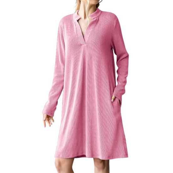 Women's Fall Winter Ribbed Knit Dress Casual Long Sleeve V Neck Mini Dress Loose Pullover Sweater Dress with Pockets