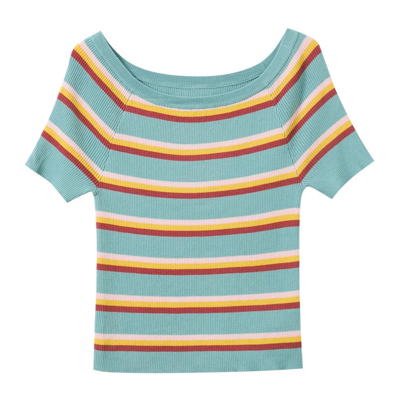 Sancai Women s Lyocell Striped Short Sleeve Knit Top XL