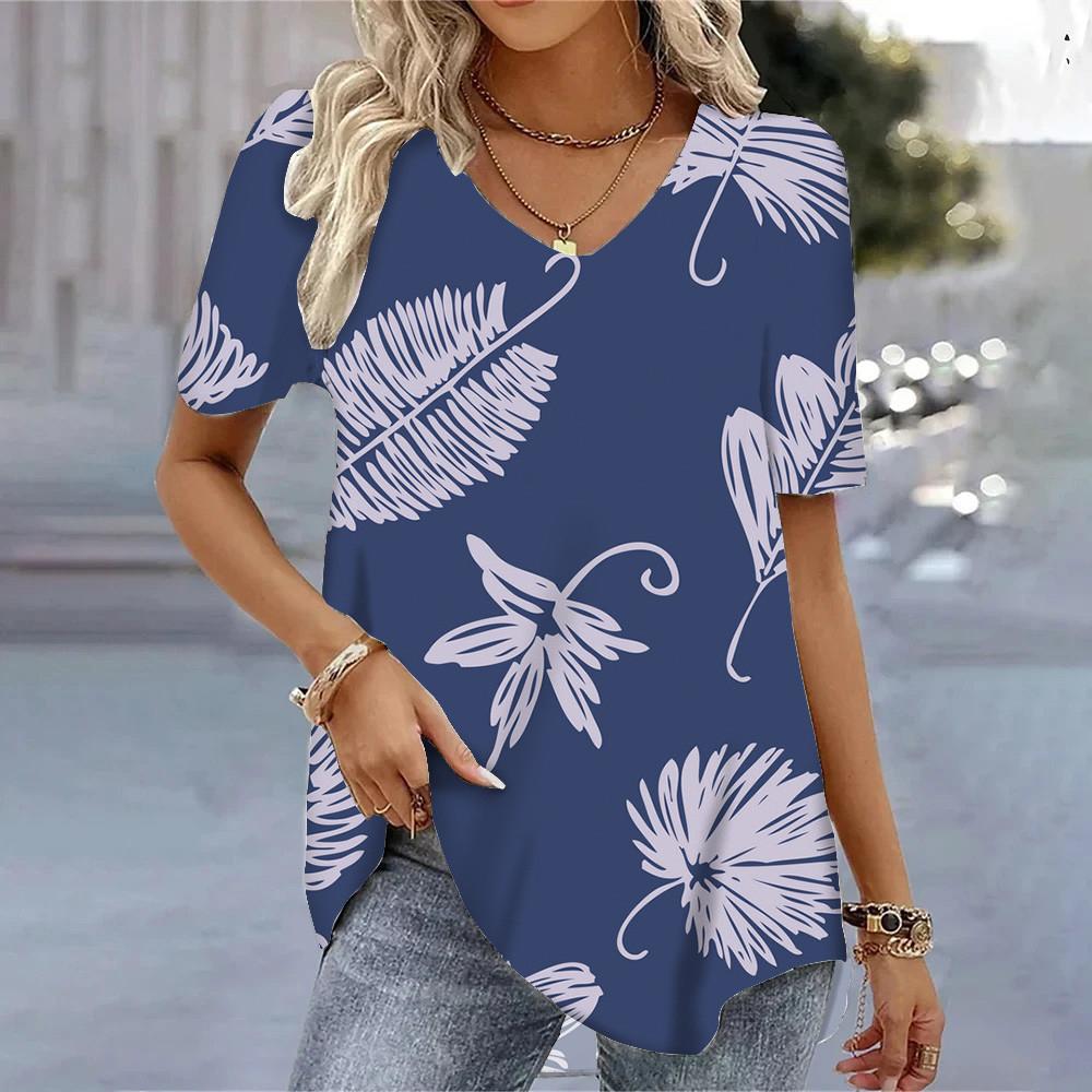 Women's T-shirt 3D Floral Pattern Printing Casual Short-sleeved V-neck Loose Top