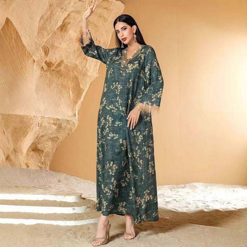 

Middle East Retro Printed V-neck Feather Cuff Diamond Robe Dress Diamond Studded Dress Olive green 2XL