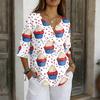 Women's V-Neck Button Three-Quarter Sleeve Casual Independence Day Print Pullover T-Shirt
