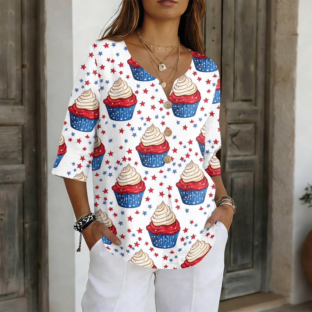 Women's V-Neck Button Three-Quarter Sleeve Casual Independence Day Print Pullover T-Shirt