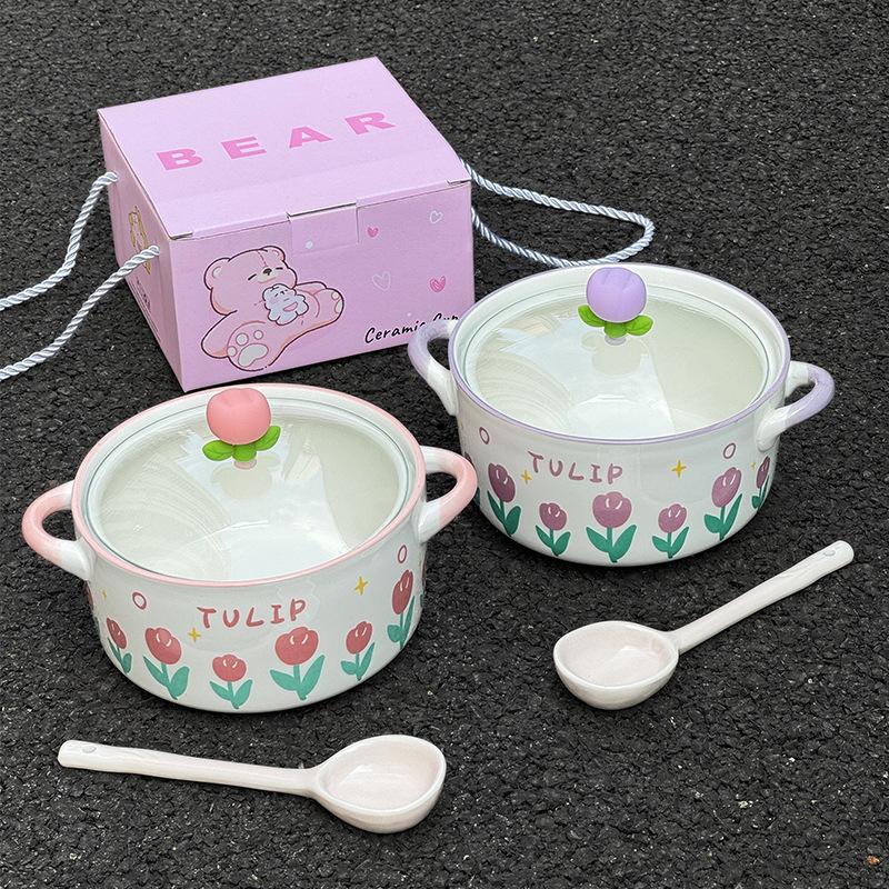 ins Tulip Ceramic Instant Noodle Bowl with Lid Student Dormitory Snail Powder Bowl for Girls Birthday Gift Box