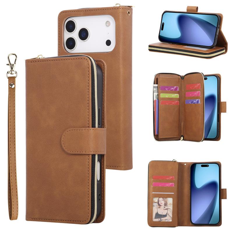 

Business Flip Leather Case For iPhone 17 Pro Max Air 16E 16 Plus 15 14 13 12 11 X XS XR SE 2022 Zipper Wallet Card Holder Pocket Phone Bag Cover Coque iPhone 17 Pro Max коричневий