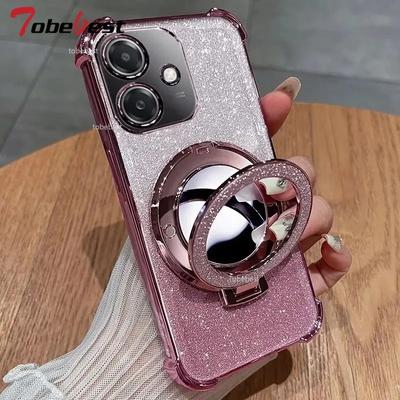 Trblietavý nárazuvzdorný silikónový obal Pre Huawei Honor 400 Lite Zrkadlový držiak na make-up Magnetický stojan Mäkký kryt